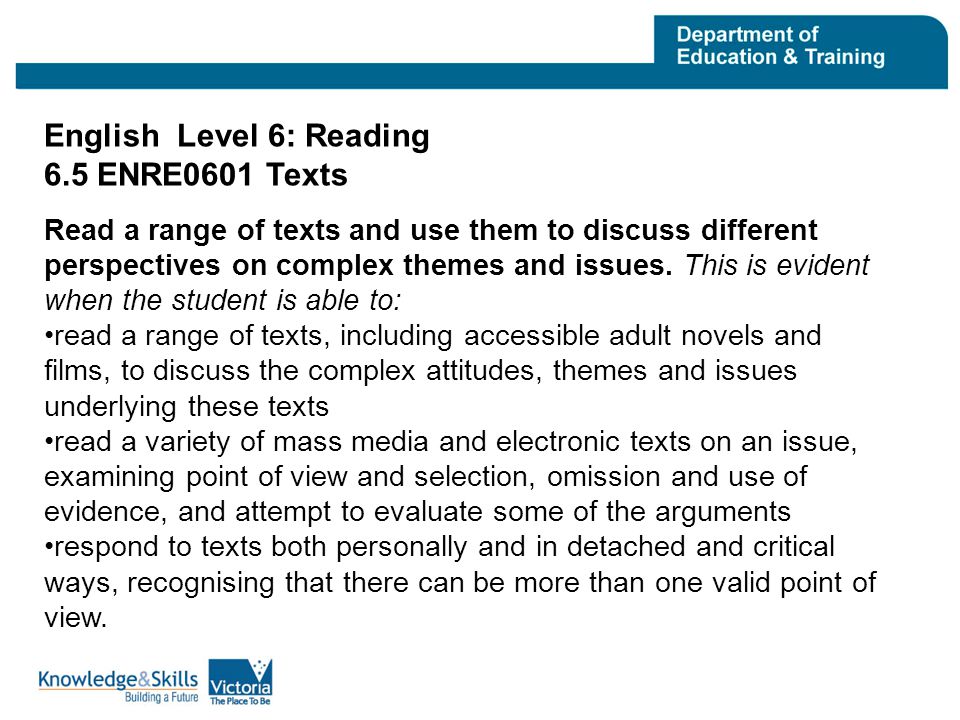 English Level 6: Reading 6.5 ENRE0601 Texts Read a range of texts and use them to discuss different perspectives on complex themes and issues.