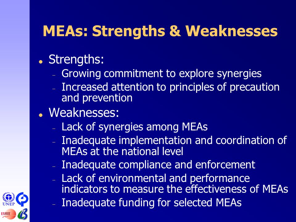 MEAs: Strengths & Weaknesses  Strengths: – Growing commitment to explore synergies – Increased attention to principles of precaution and prevention  Weaknesses: – Lack of synergies among MEAs – Inadequate implementation and coordination of MEAs at the national level – Inadequate compliance and enforcement – Lack of environmental and performance indicators to measure the effectiveness of MEAs – Inadequate funding for selected MEAs