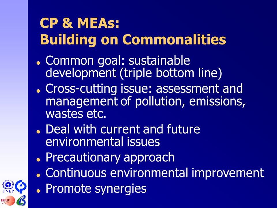 CP & MEAs: Building on Commonalities  Common goal: sustainable development (triple bottom line)  Cross-cutting issue: assessment and management of pollution, emissions, wastes etc.