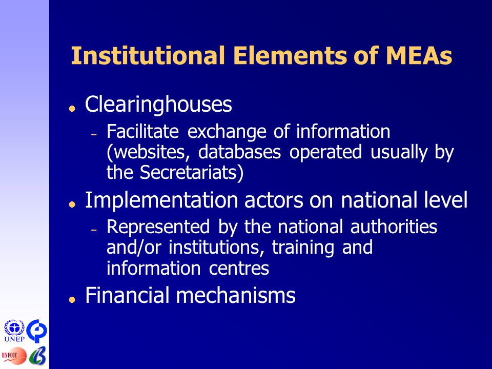 Institutional Elements of MEAs  Clearinghouses – Facilitate exchange of information (websites, databases operated usually by the Secretariats)  Implementation actors on national level – Represented by the national authorities and/or institutions, training and information centres  Financial mechanisms