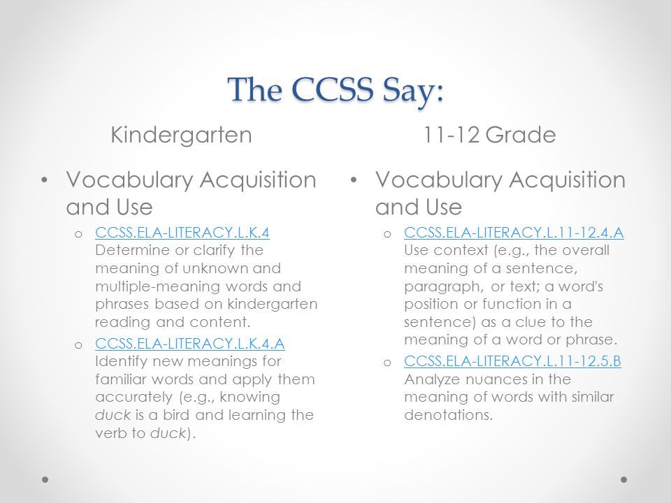 The CCSS Say: Kindergarten11-12 Grade Vocabulary Acquisition and Use o CCSS.ELA-LITERACY.L.K.4 Determine or clarify the meaning of unknown and multiple-meaning words and phrases based on kindergarten reading and content.