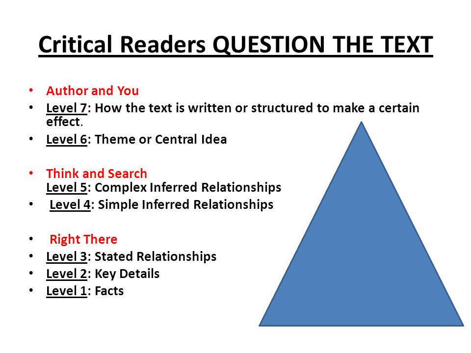 Critical Readers QUESTION THE TEXT Author and You Level 7: How the text is written or structured to make a certain effect.