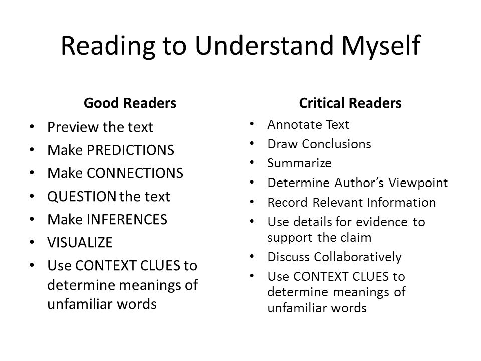 Good Readers Preview the text Make PREDICTIONS Make CONNECTIONS QUESTION the text Make INFERENCES VISUALIZE Use CONTEXT CLUES to determine meanings of unfamiliar words Critical Readers Annotate Text Draw Conclusions Summarize Determine Author’s Viewpoint Record Relevant Information Use details for evidence to support the claim Discuss Collaboratively Use CONTEXT CLUES to determine meanings of unfamiliar words