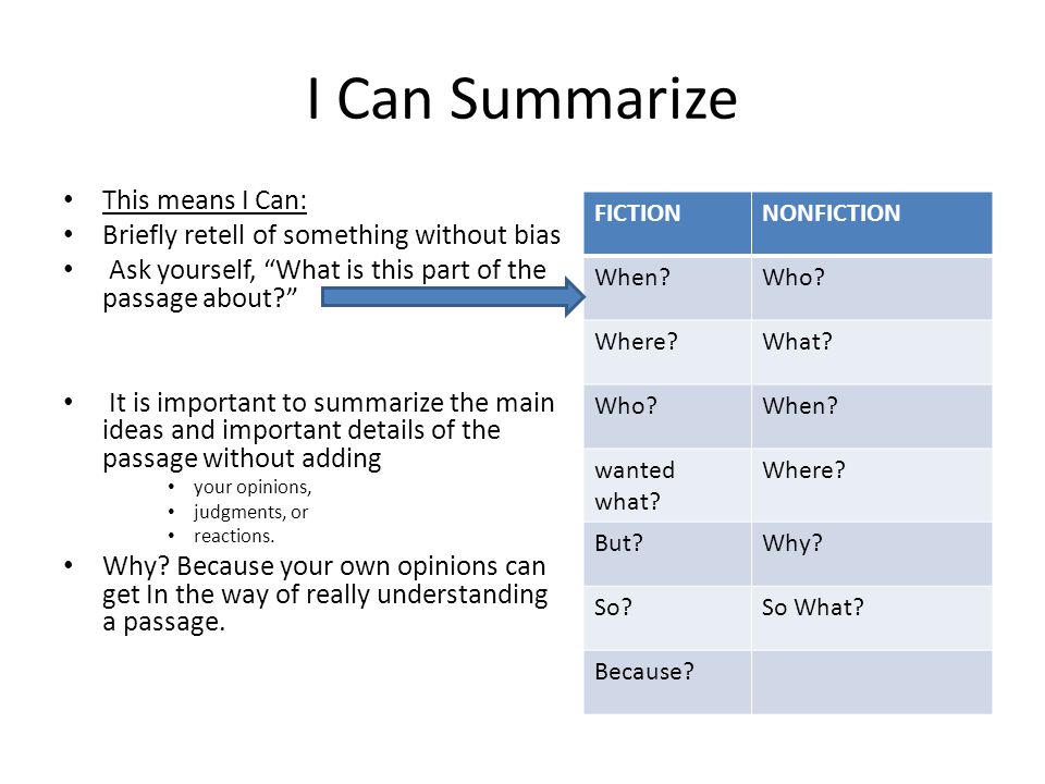I Can Summarize This means I Can: Briefly retell of something without bias Ask yourself, What is this part of the passage about It is important to summarize the main ideas and important details of the passage without adding your opinions, judgments, or reactions.