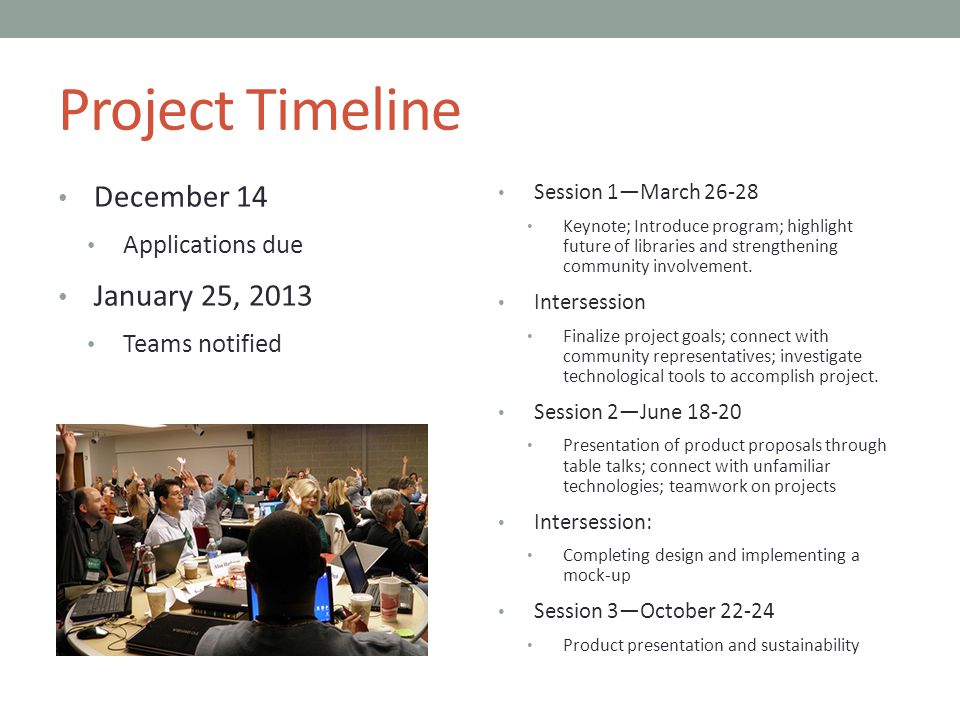 Project Timeline December 14 Applications due January 25, 2013 Teams notified Session 1—March Keynote; Introduce program; highlight future of libraries and strengthening community involvement.