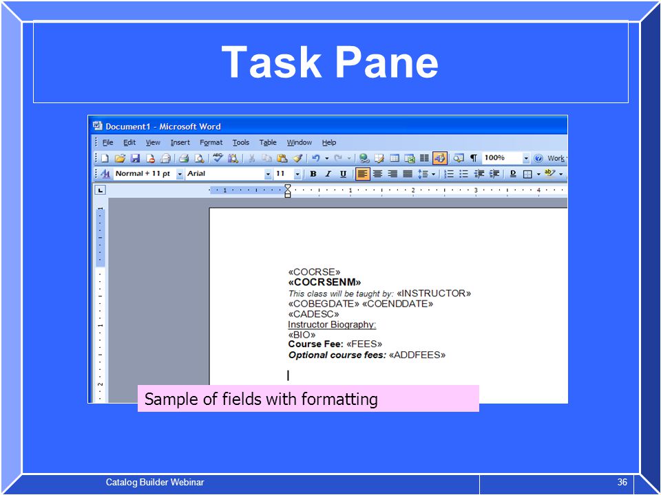 Catalog Builder Webinar 36 Task Pane Sample of fields with formatting