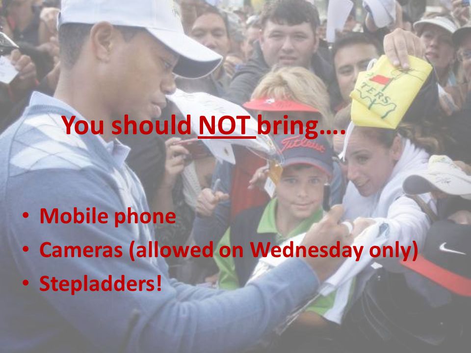 You should NOT bring…. Mobile phone Cameras (allowed on Wednesday only) Stepladders!