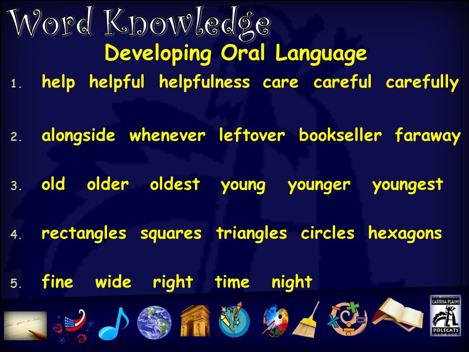 Developing Oral Language 1. help helpful helpfulness care careful carefully 2.
