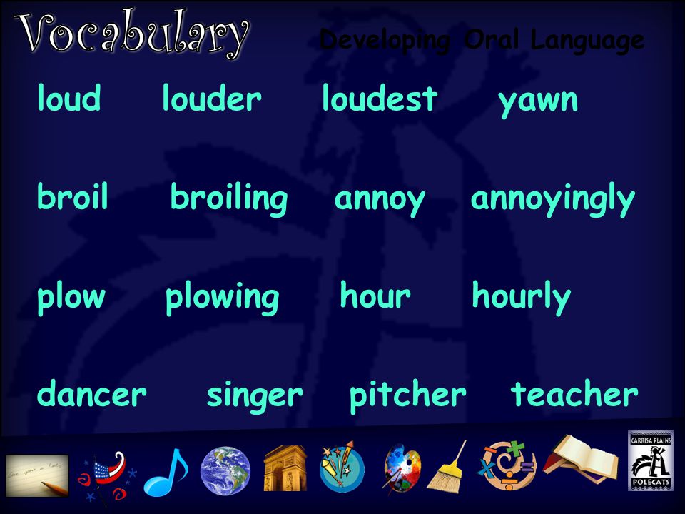 Developing Oral Language loud louder loudest yawn broil broiling annoy annoyingly plow plowing hour hourly dancer singer pitcher teacher
