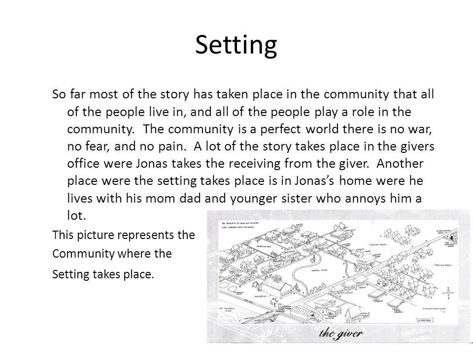 Setting So far most of the story has taken place in the community that all of the people live in, and all of the people play a role in the community.
