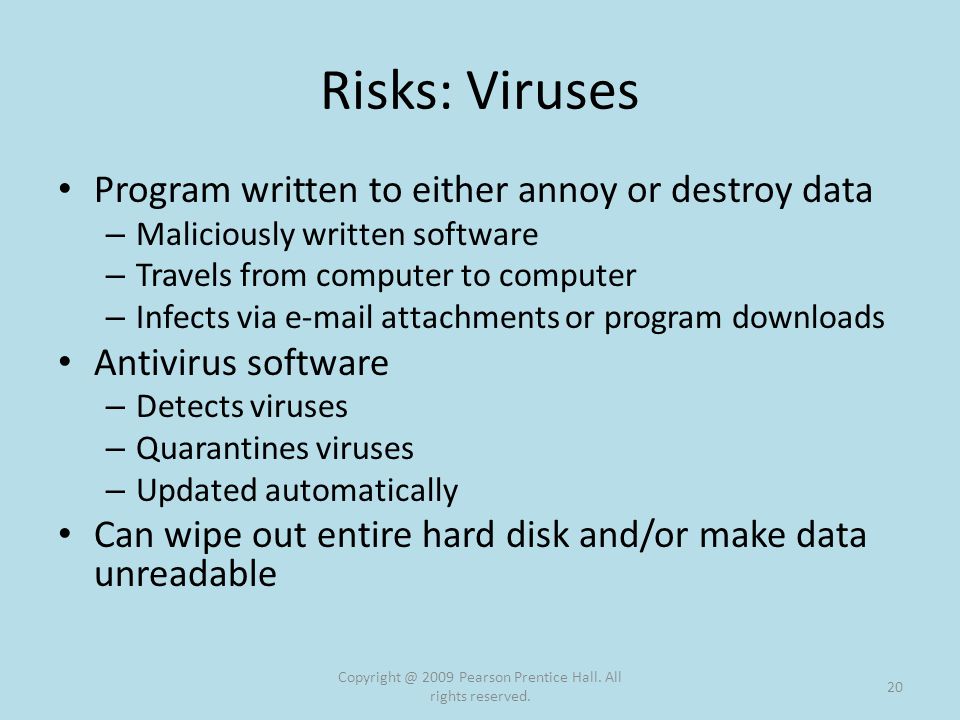 Risks: Viruses Program written to either annoy or destroy data – Maliciously written software – Travels from computer to computer – Infects via  attachments or program downloads Antivirus software – Detects viruses – Quarantines viruses – Updated automatically Can wipe out entire hard disk and/or make data unreadable 2009 Pearson Prentice Hall.