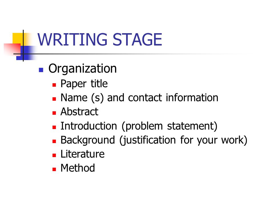 WRITING STAGE Organization Paper title Name (s) and contact information Abstract Introduction (problem statement) Background (justification for your work) Literature Method