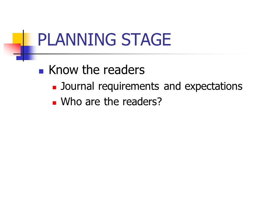 PLANNING STAGE Know the readers Journal requirements and expectations Who are the readers