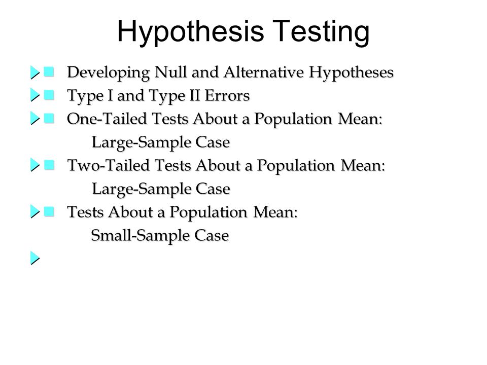 Hypothesis Testing Developing Null and Alternative Hypotheses Developing Null and Alternative Hypotheses Type I and Type II Errors Type I and Type II Errors One-Tailed Tests About a Population Mean: One-Tailed Tests About a Population Mean: Large-Sample Case Large-Sample Case Two-Tailed Tests About a Population Mean: Two-Tailed Tests About a Population Mean: Large-Sample Case Tests About a Population Mean: Tests About a Population Mean: Small-Sample Case Hypothesis Testing Developing Null and Alternative Hypotheses Developing Null and Alternative Hypotheses Type I and Type II Errors Type I and Type II Errors One-Tailed Tests About a Population Mean: One-Tailed Tests About a Population Mean: Large-Sample Case Large-Sample Case Two-Tailed Tests About a Population Mean: Two-Tailed Tests About a Population Mean: Large-Sample Case Tests About a Population Mean: Tests About a Population Mean: Small-Sample Case
