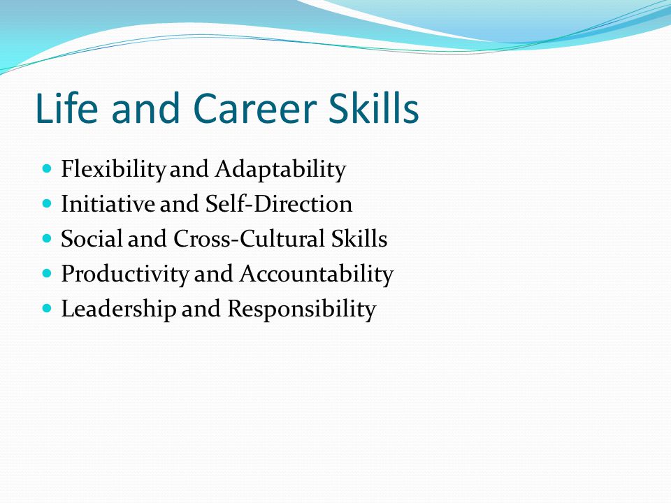 Life and Career Skills Flexibility and Adaptability Initiative and Self-Direction Social and Cross-Cultural Skills Productivity and Accountability Leadership and Responsibility