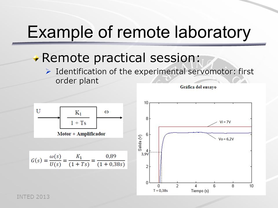INTED 2013 Example of remote laboratory Remote practical session:  Identification of the experimental servomotor: first order plant