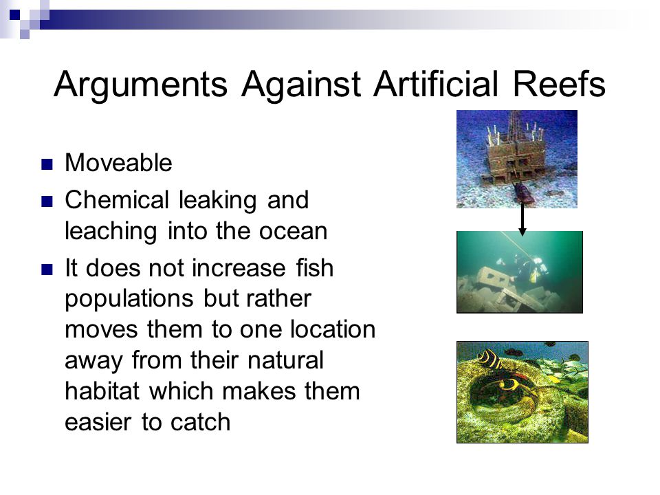 Arguments Against Artificial Reefs Moveable Chemical leaking and leaching into the ocean It does not increase fish populations but rather moves them to one location away from their natural habitat which makes them easier to catch