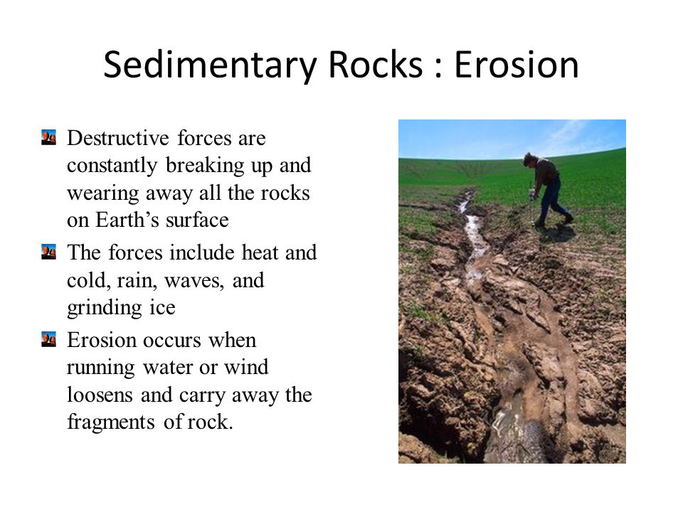 Sedimentary Rocks : Erosion Destructive forces are constantly breaking up and wearing away all the rocks on Earth’s surface The forces include heat and cold, rain, waves, and grinding ice Erosion occurs when running water or wind loosens and carry away the fragments of rock.