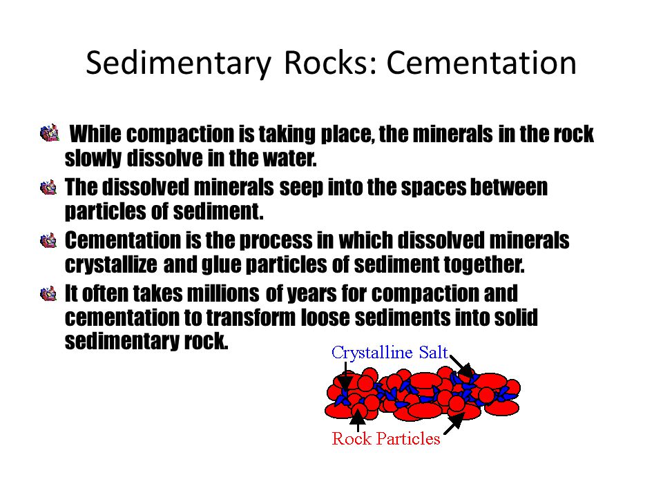 While compaction is taking place, the minerals in the rock slowly dissolve in the water.