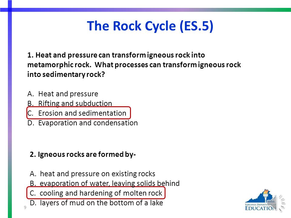 The Rock Cycle (ES.5) Students need additional practice with items that assess the composition of Earth materials.