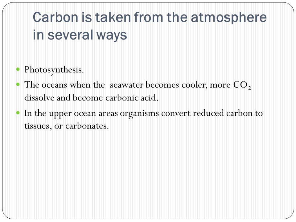 Carbon is taken from the atmosphere in several ways Photosynthesis.
