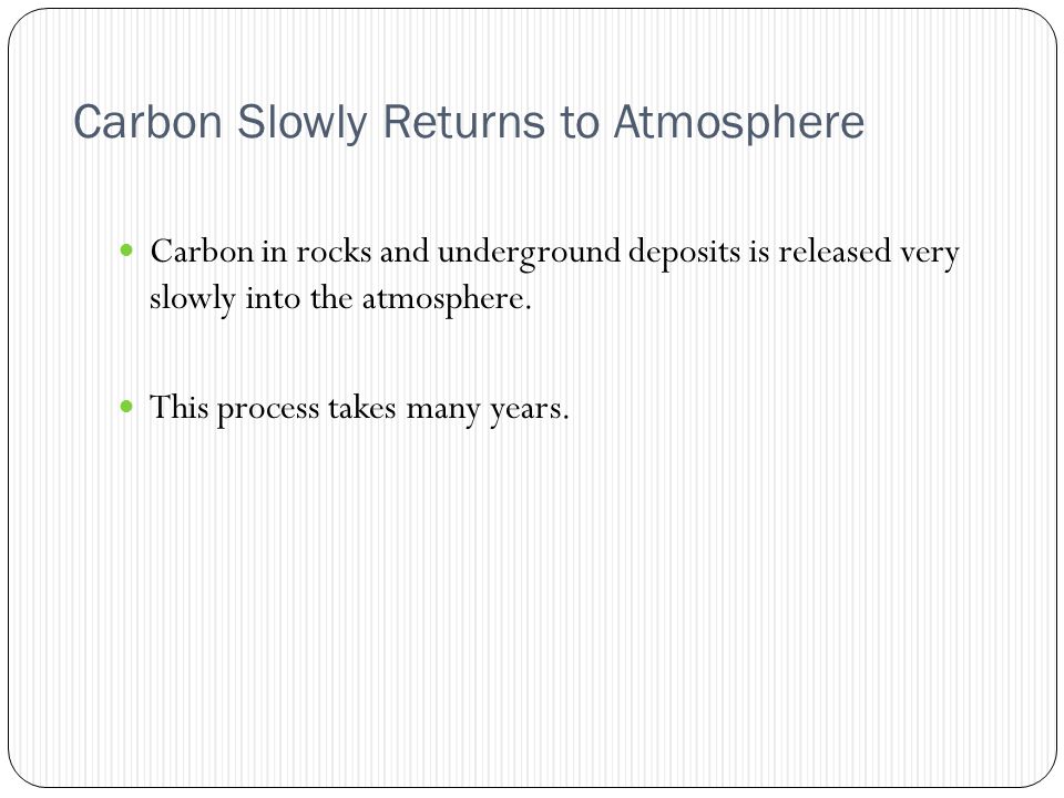 Carbon Slowly Returns to Atmosphere Carbon in rocks and underground deposits is released very slowly into the atmosphere.