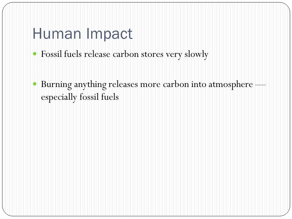 Human Impact Fossil fuels release carbon stores very slowly Burning anything releases more carbon into atmosphere — especially fossil fuels