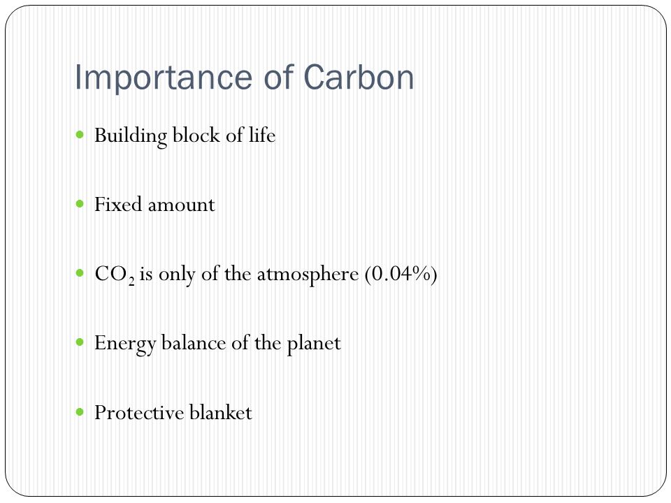Importance of Carbon Building block of life Fixed amount CO 2 is only of the atmosphere (0.04%) Energy balance of the planet Protective blanket