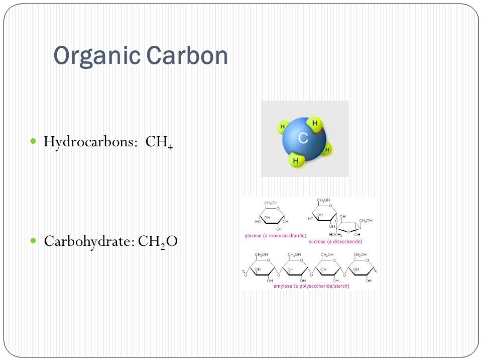 Organic Carbon Hydrocarbons: CH 4 Carbohydrate: CH 2 O