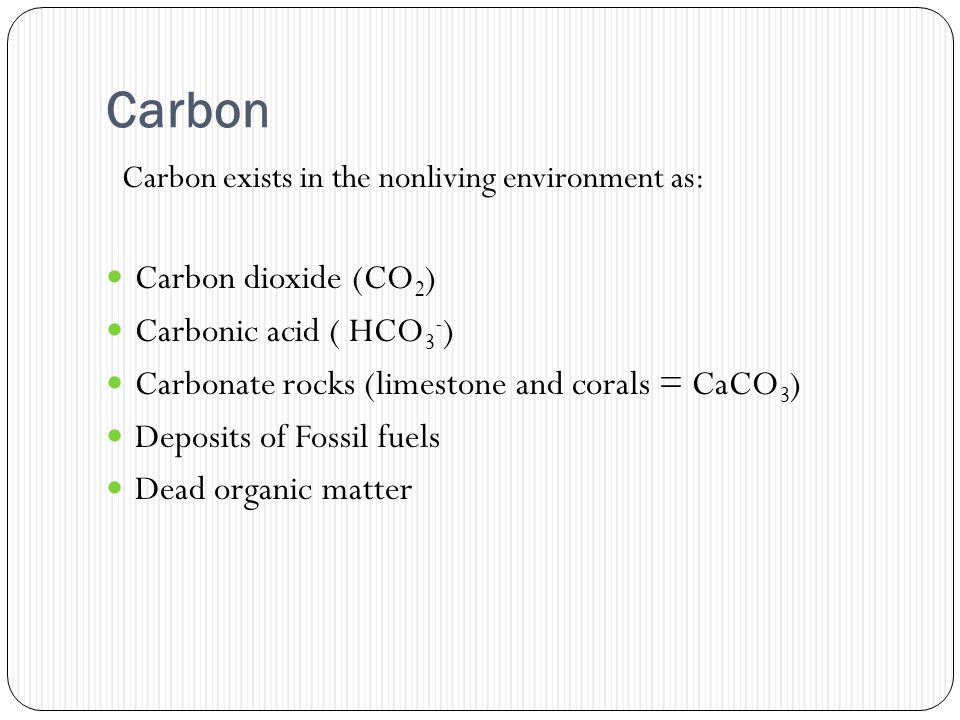 Carbon Carbon exists in the nonliving environment as: Carbon dioxide (CO 2 ) Carbonic acid ( HCO 3 - ) Carbonate rocks (limestone and corals = CaCO 3 ) Deposits of Fossil fuels Dead organic matter