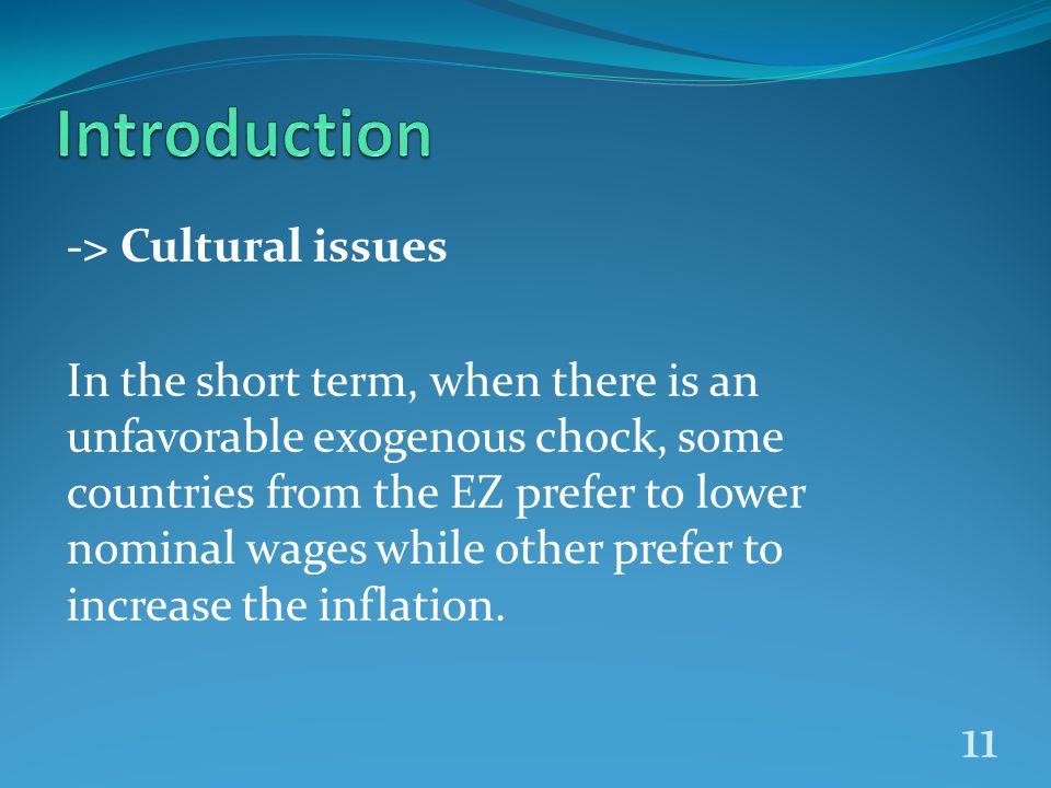 -> Cultural issues In the short term, when there is an unfavorable exogenous chock, some countries from the EZ prefer to lower nominal wages while other prefer to increase the inflation.