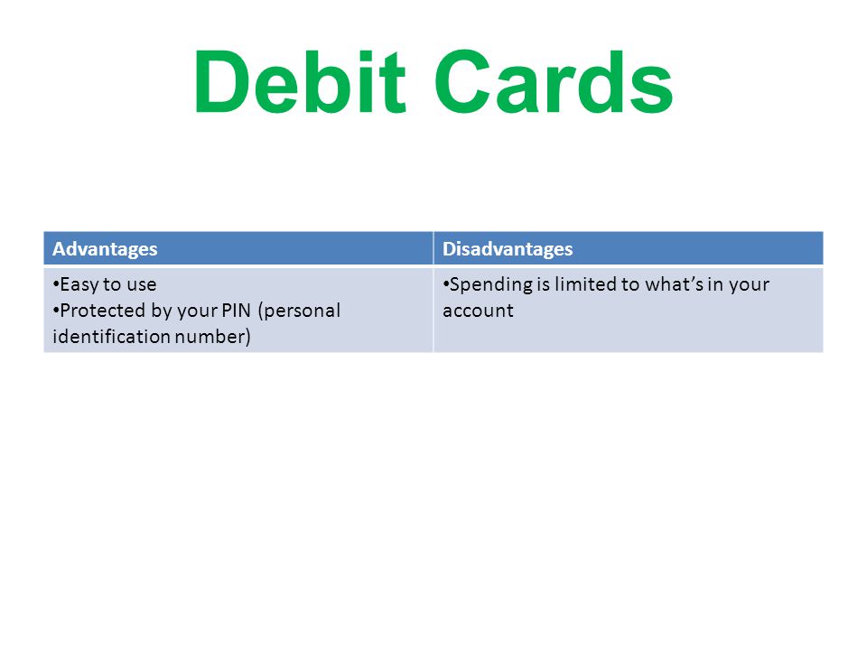 Debit Cards AdvantagesDisadvantages Easy to use Protected by your PIN (personal identification number) Spending is limited to what’s in your account