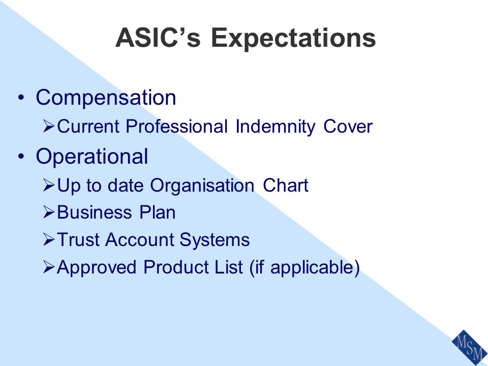 ASIC’s Expectations Representatives  Induction process  Training Plans  Documentation – RG146, Police & Bankruptcy Checks Financial  Cash Flow Monitoring  RG166 Worksheets