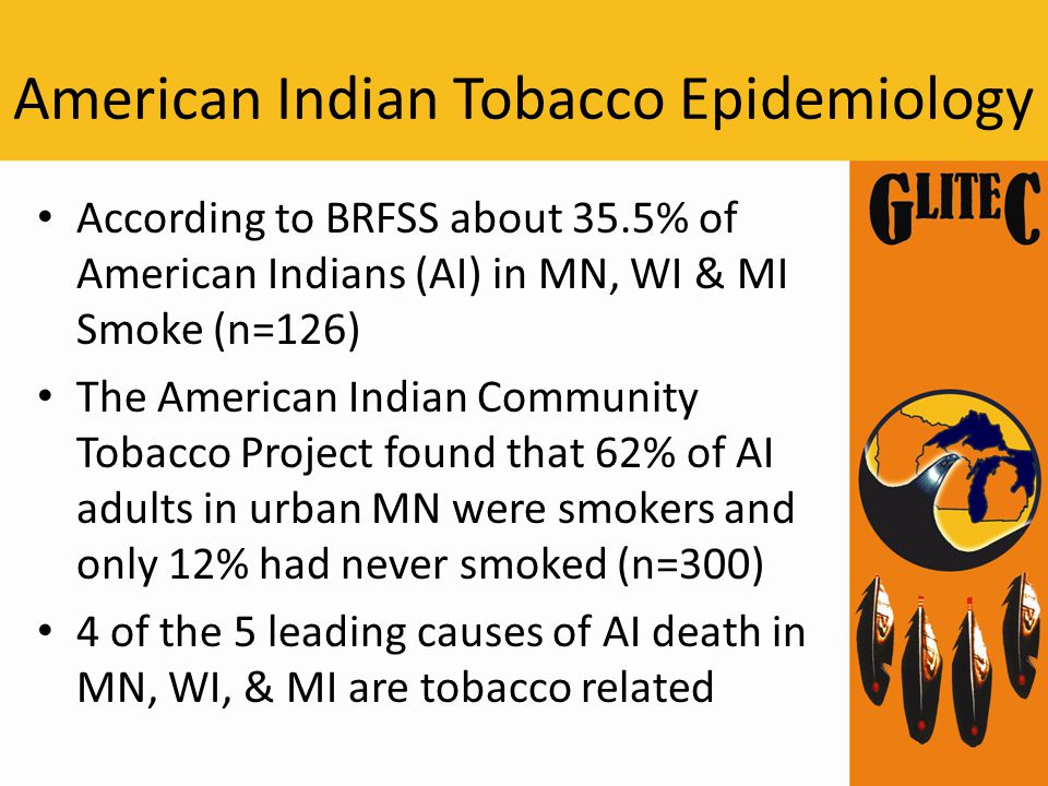 American Indian Tobacco Epidemiology According to BRFSS about 35.5% of American Indians (AI) in MN, WI & MI Smoke (n=126) The American Indian Community Tobacco Project found that 62% of AI adults in urban MN were smokers and only 12% had never smoked (n=300) 4 of the 5 leading causes of AI death in MN, WI, & MI are tobacco related