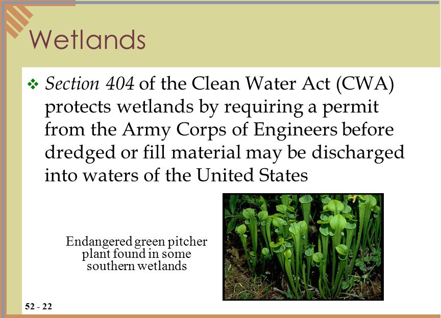 Wetlands  Section 404 of the Clean Water Act (CWA) protects wetlands by requiring a permit from the Army Corps of Engineers before dredged or fill material may be discharged into waters of the United States Endangered green pitcher plant found in some southern wetlands