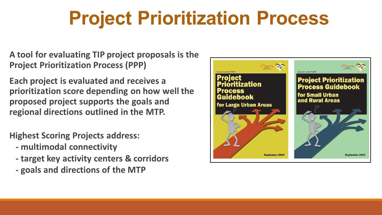 Project Prioritization Process A tool for evaluating TIP project proposals is the Project Prioritization Process (PPP) Each project is evaluated and receives a prioritization score depending on how well the proposed project supports the goals and regional directions outlined in the MTP.