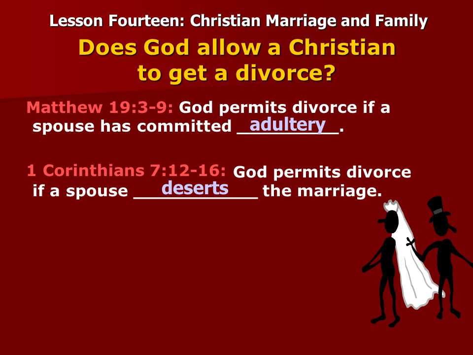 Lesson Fourteen: Christian Marriage and Family God permits divorce if a spouse has committed _________.