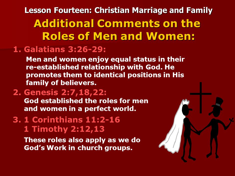Lesson Fourteen: Christian Marriage and Family Men and women enjoy equal status in their re-established relationship with God.