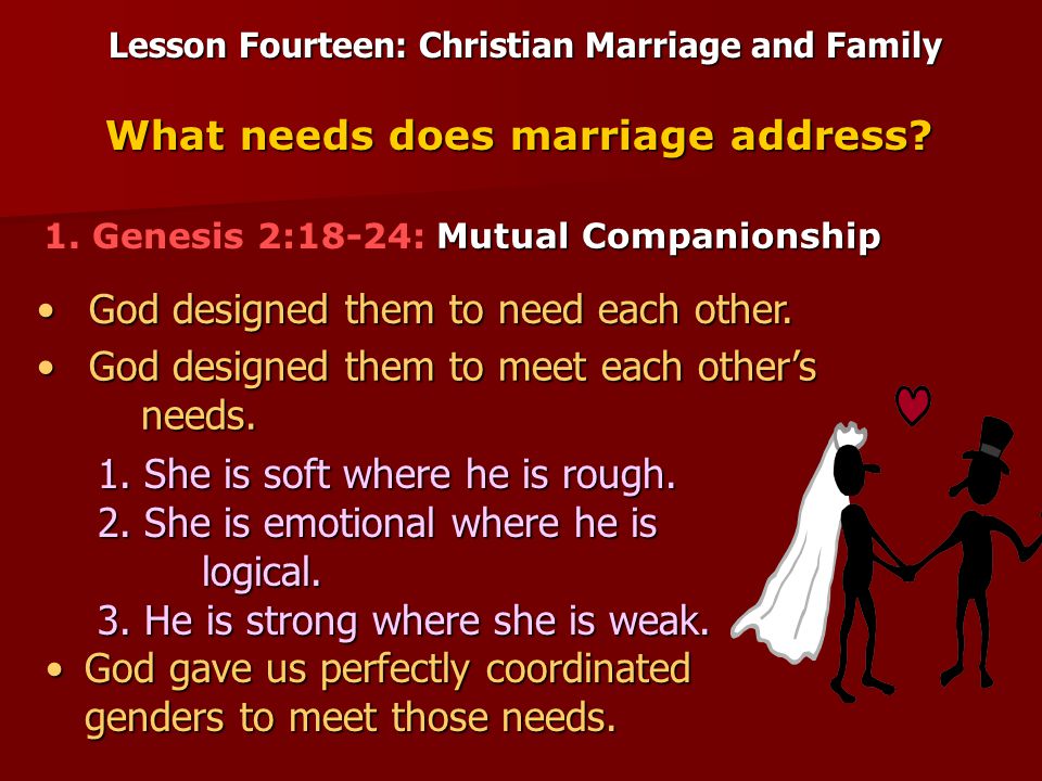 Lesson Fourteen: Christian Marriage and Family Mutual Companionship What needs does marriage address.