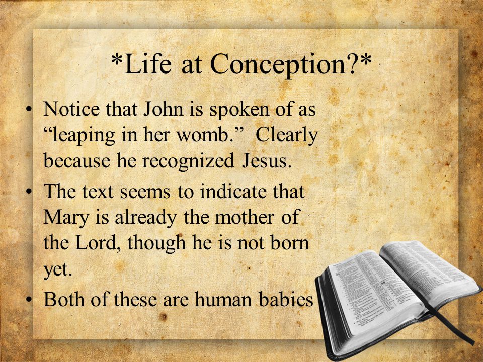 *Life at Conception * Notice that John is spoken of as leaping in her womb. Clearly because he recognized Jesus.