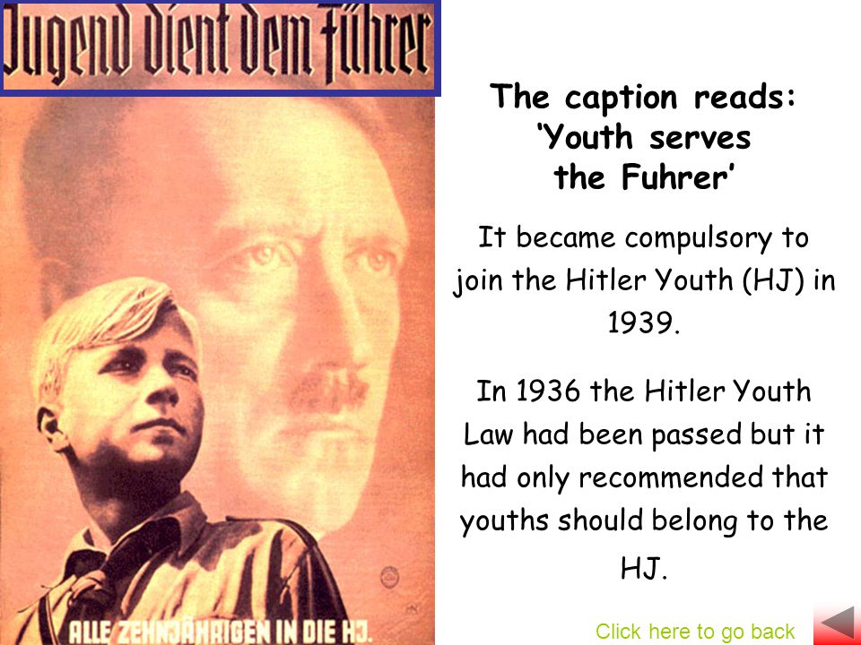 The caption reads: ‘Youth serves the Fuhrer’ It became compulsory to join the Hitler Youth (HJ) in 1939.