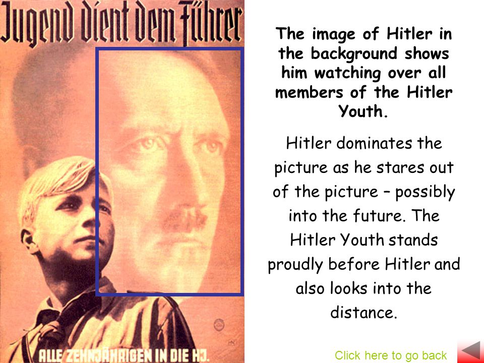 The image of Hitler in the background shows him watching over all members of the Hitler Youth.