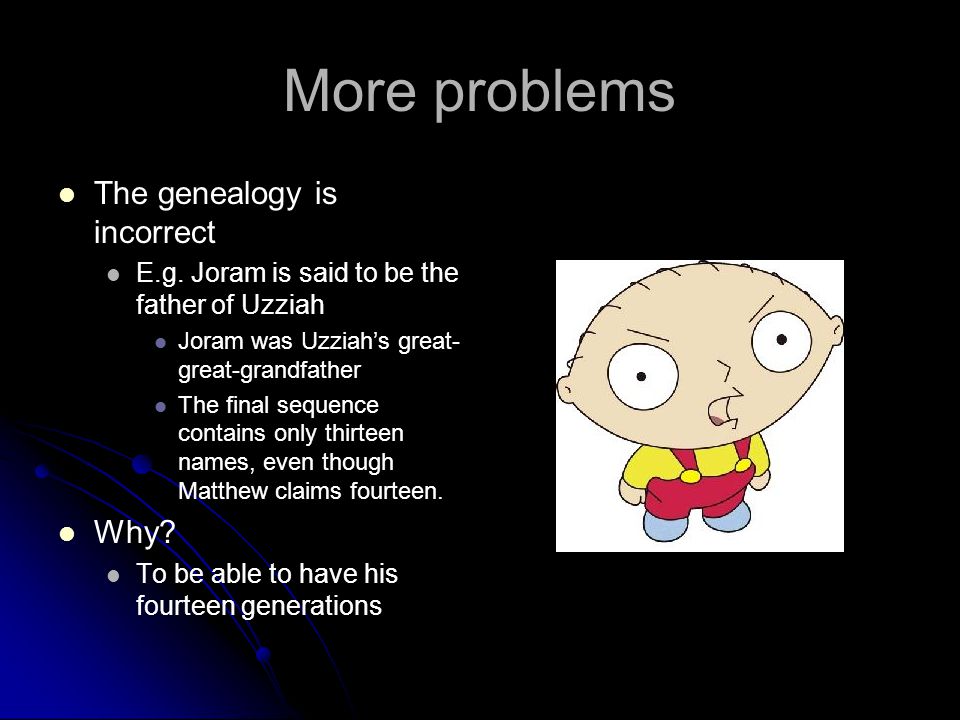 More problems The genealogy is incorrect E.g.