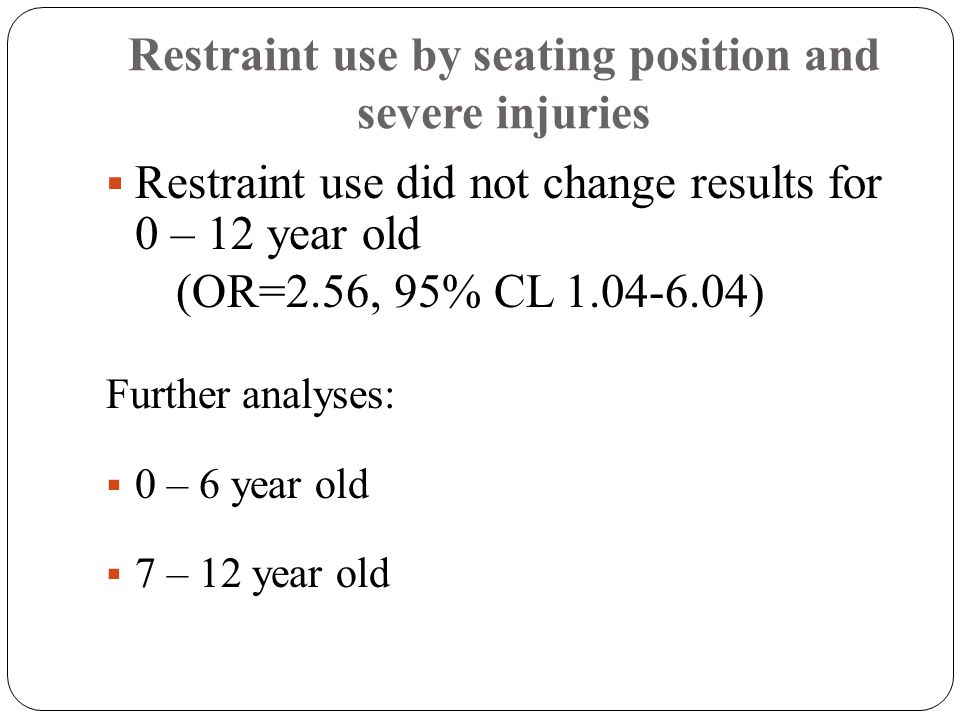 Restraint use by seating position and severe injuries  Restraint use did not change results for 0 – 12 year old (OR=2.56, 95% CL ) Further analyses:  0 – 6 year old  7 – 12 year old