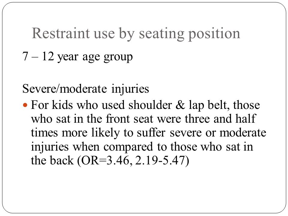 Restraint use by seating position 7 – 12 year age group Severe/moderate injuries For kids who used shoulder & lap belt, those who sat in the front seat were three and half times more likely to suffer severe or moderate injuries when compared to those who sat in the back (OR=3.46, )