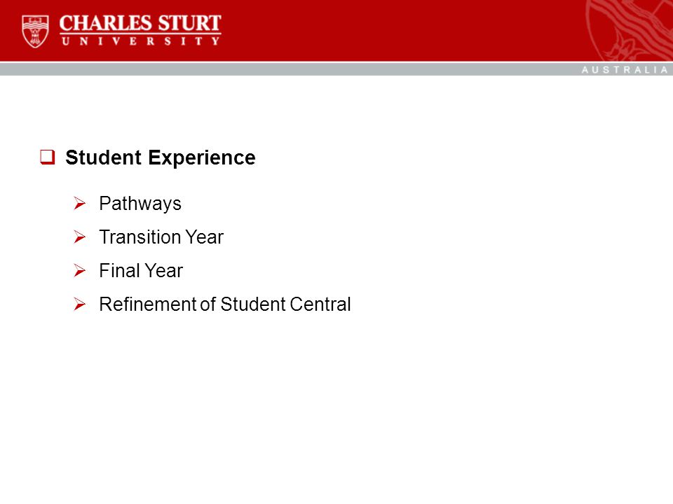  Student Experience  Pathways  Transition Year  Final Year  Refinement of Student Central