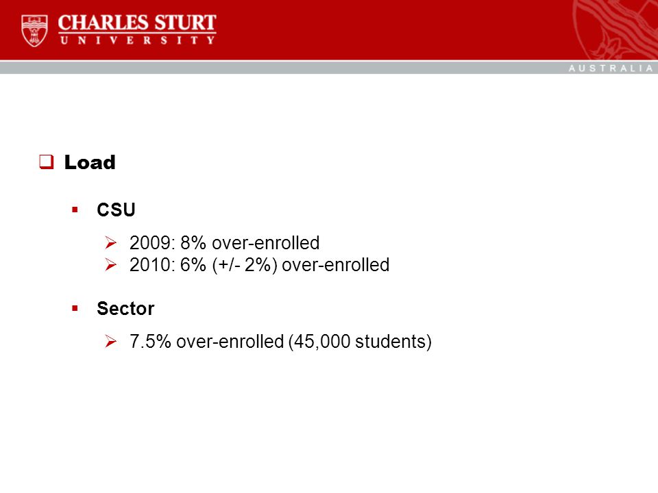  Load  CSU  2009: 8% over-enrolled  2010: 6% (+/- 2%) over-enrolled  Sector  7.5% over-enrolled (45,000 students)