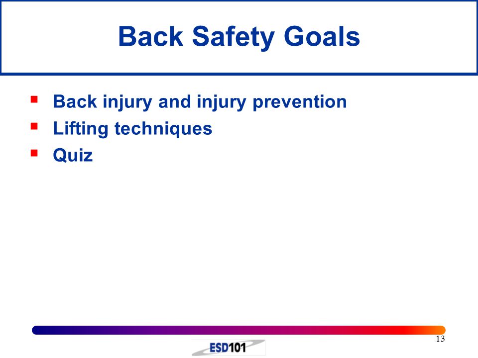 13 Back Safety Goals  Back injury and injury prevention  Lifting techniques  Quiz
