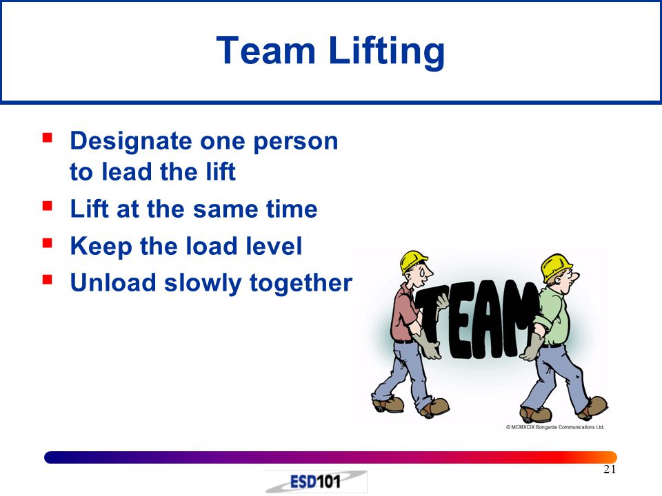 21 Team Lifting  Designate one person to lead the lift  Lift at the same time  Keep the load level  Unload slowly together