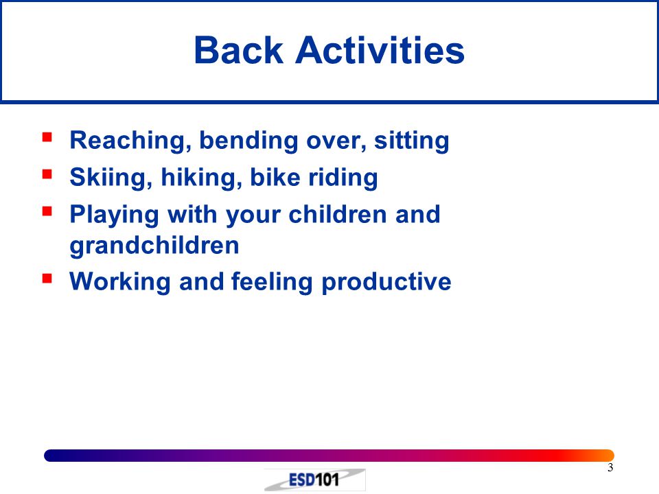 3 Back Activities  Reaching, bending over, sitting  Skiing, hiking, bike riding  Playing with your children and grandchildren  Working and feeling productive